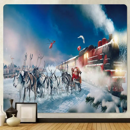 Decorbites christmas god deer tapestry featuring santa on sleigh with reindeer and steam train in snowy landscape