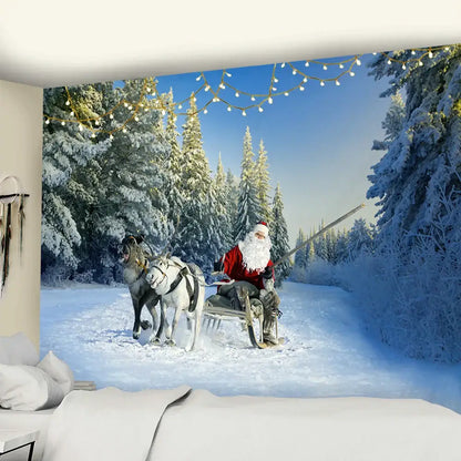 Decorbites christmas god deer tapestry featuring santa in red suit riding sleigh with two reindeer through snowy forest