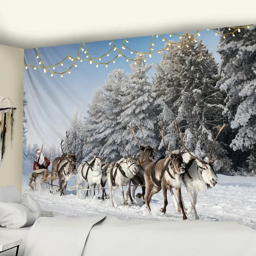 Decorbites christmas god deer tapestry featuring santa in red suit riding reindeer sleigh over snow-covered forest
