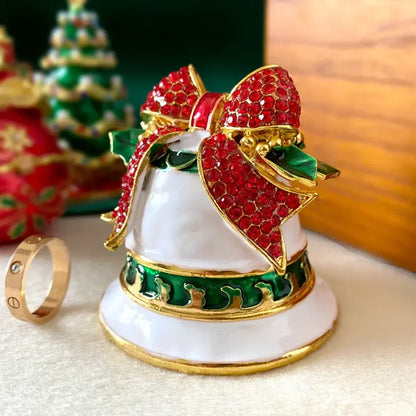 Decorbites™ festive white enamel christmas bell jewelry trinket box with red rhinestone bow and gold detailing