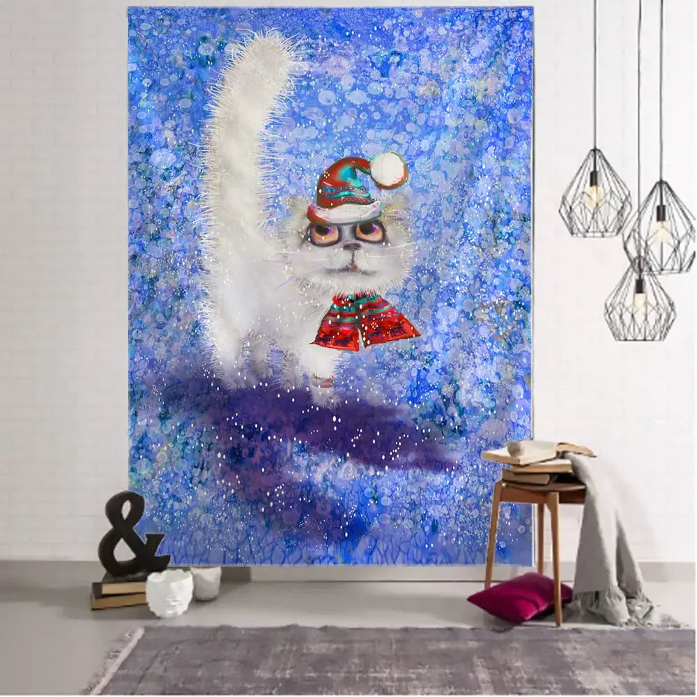 Decorbites christmas kitten tapestry featuring a white fluffy tail kitten snowman with a holiday hat and red scarf on blue