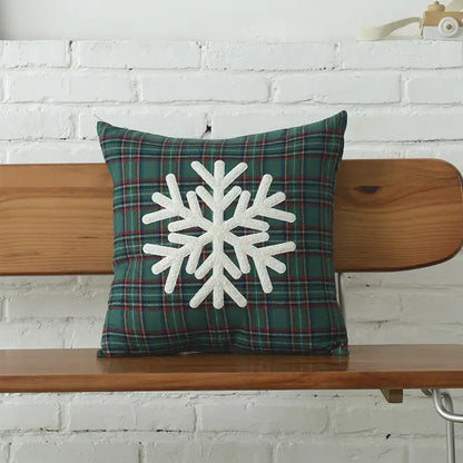 Green plaid cushion with white snowflake appliqué in decorbites christmas letter embroidery plaid cushion cover set