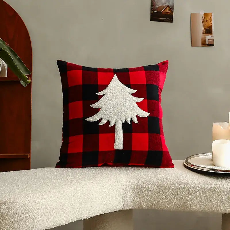 Red and black plaid cushion cover with white felt pine tree appliqué from decorbites christmas letter embroidery set
