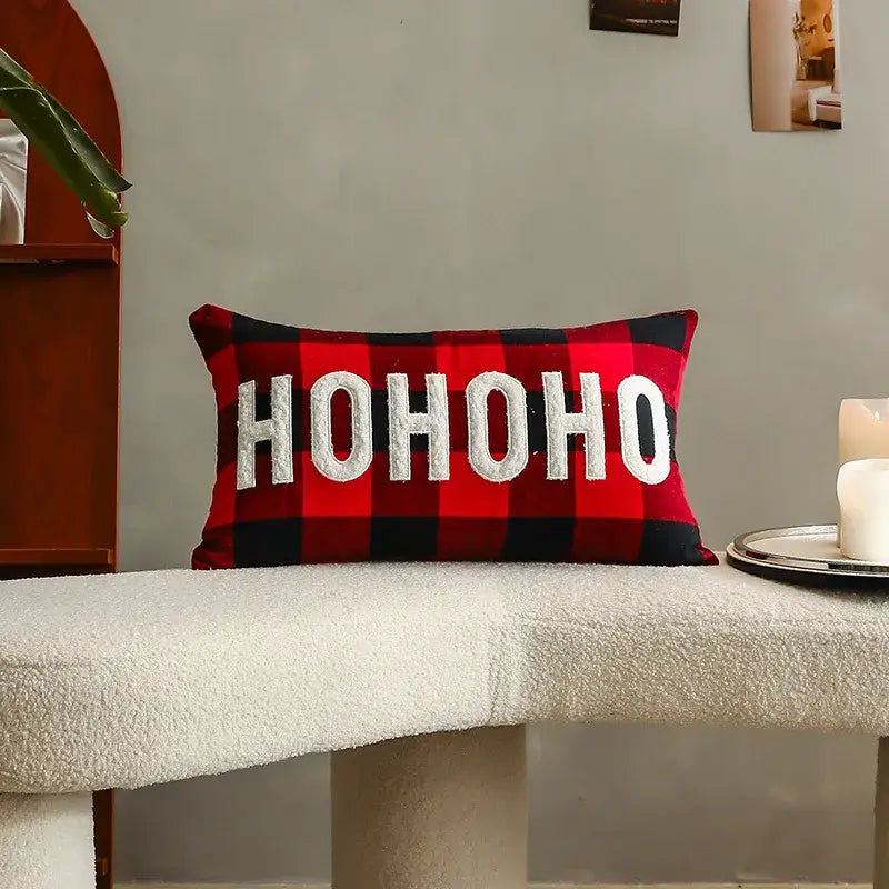 Decorbites christmas letter red and black plaid cushion cover with white ho ho ho christmas letter embroidery sequins