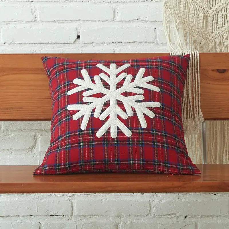 Red plaid decorbites christmas letter cushion cover with white embroidered snowflake for festive decor