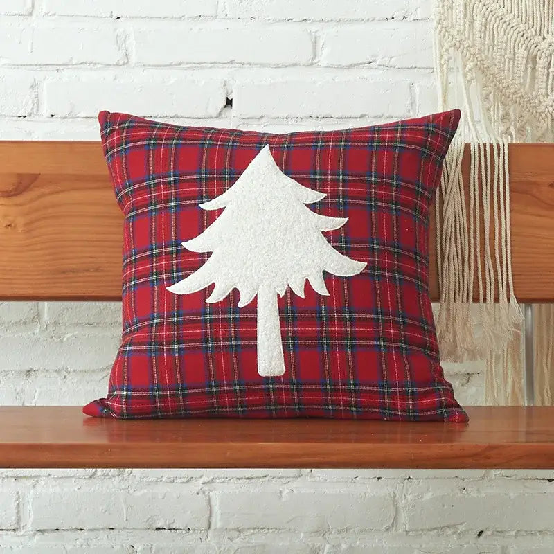 Red plaid cushion cover from DecorBites Christmas letter set with white felt tree appliqué and letter embroidery plaid design