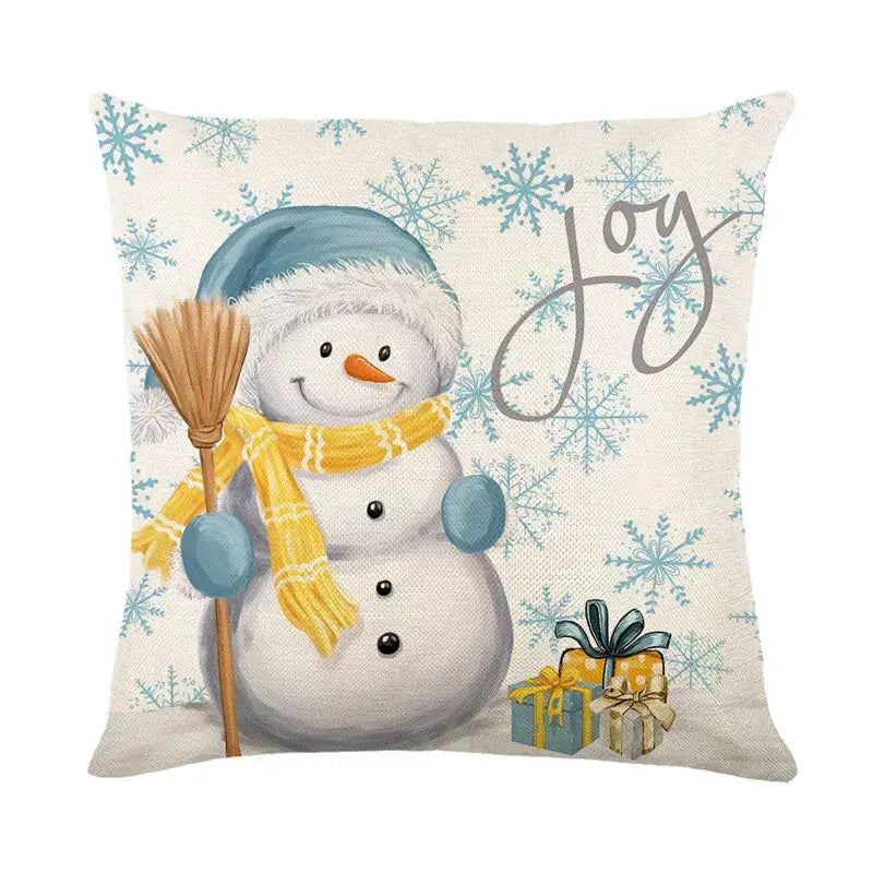 Beige linen pillow cover with decorbites christmas letter print featuring a snowman for holiday home decoration