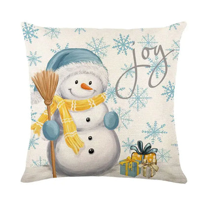 Beige linen pillow cover with decorbites christmas letter print featuring a snowman for holiday home decoration