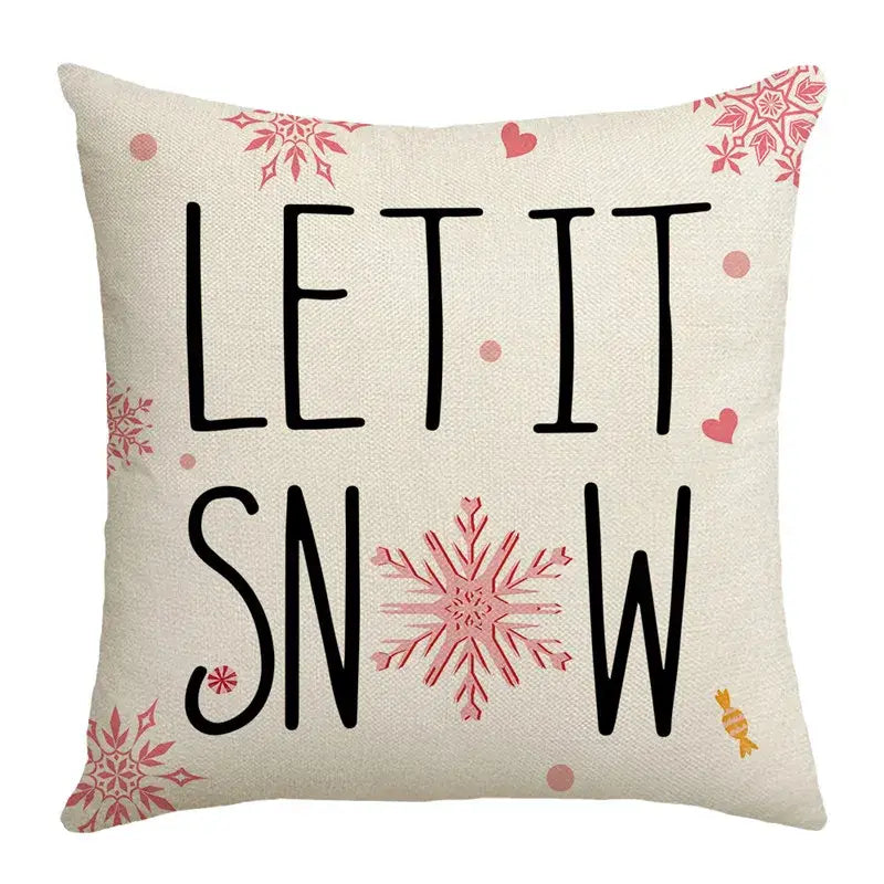 Beige linen pillow cover with bold black let it snow text and pink snowflakes for decorbites christmas letter print