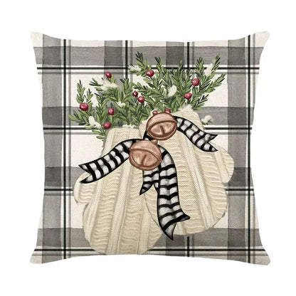 Decorbites christmas letter print linen throw pillow cover featuring a cream knitted sweater design with festive accents