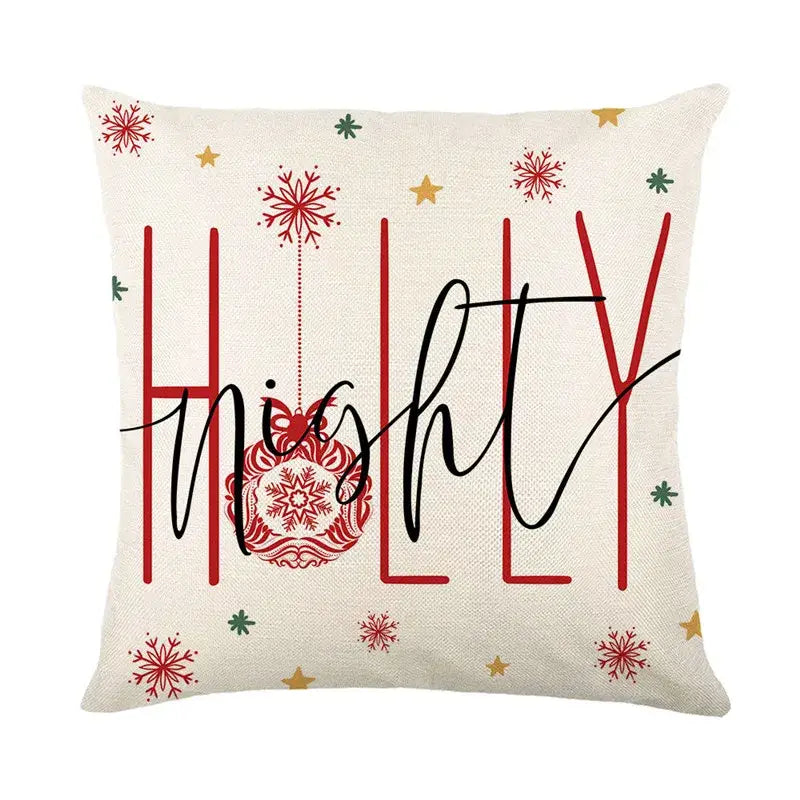 Cream-colored linen pillow cover with holly night christmas letter print and red snowflake ornament by DecorBites Christmas Letter
