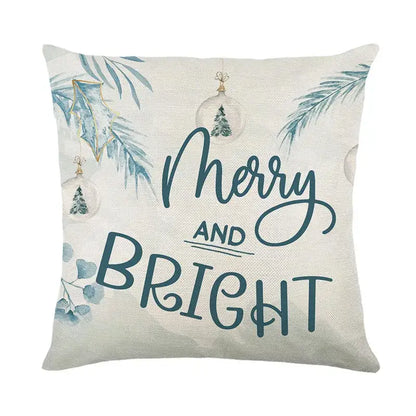 Beige linen pillow cover with merry and bright teal christmas letter print and watercolor holly by decorbites christmas letter