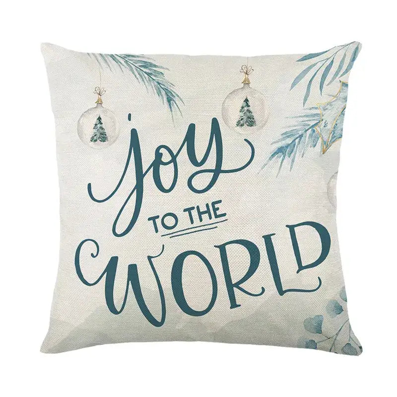 Beige linen pillow cover with decorbites christmas letter print joy to the world and pine branch ornaments design