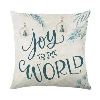 Beige linen pillow cover with decorbites christmas letter print joy to the world and pine branch ornaments design