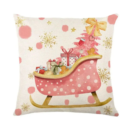Decorbites christmas letter print linen pillow cover in pink polka dots with gold snowflakes and festive christmas tree
