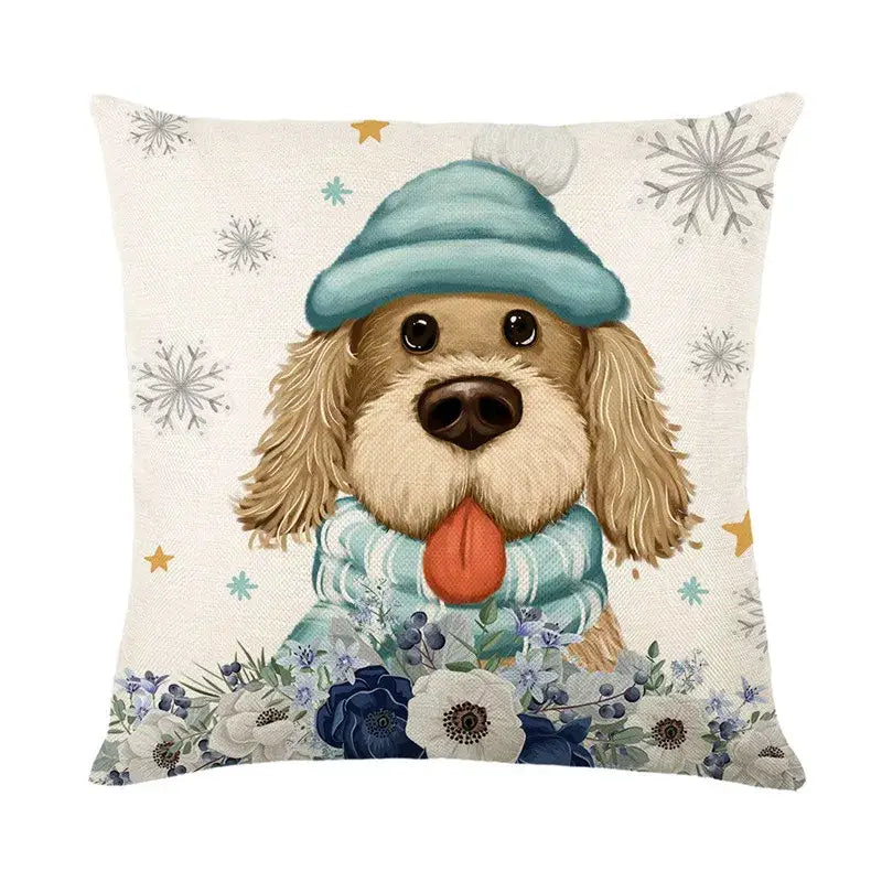 Cute beige dog pillow cover with blue knit hat and scarf featuring decorbites christmas letter print for holiday decor
