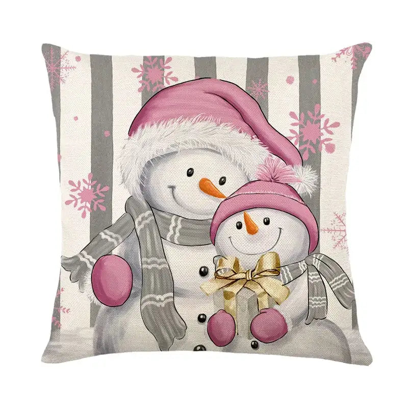 Decorbites christmas letter pillow cover featuring a cute pink and gray snowman design in textured linen fabric
