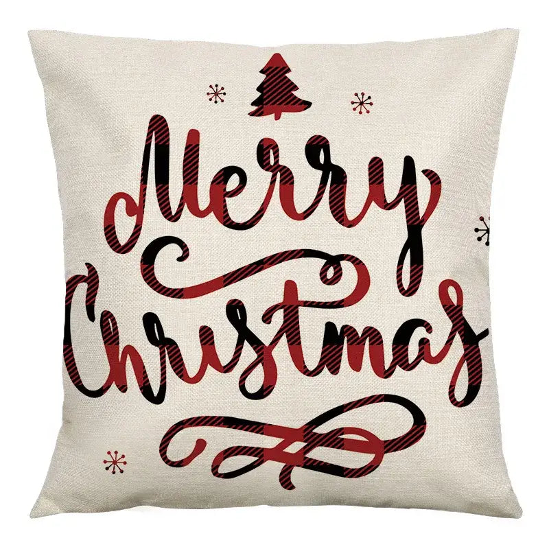 Beige linen throw cushion cover with merry christmas in red and black plaid script by decorbites christmas linen