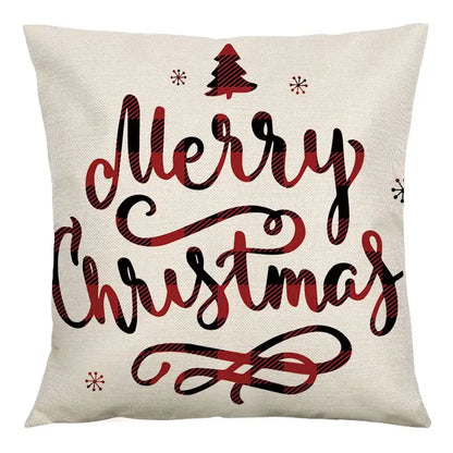Beige linen throw cushion cover with merry christmas in red and black plaid script by decorbites christmas linen
