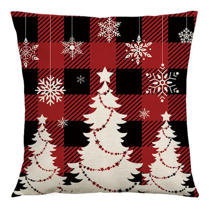 Decorbites christmas linen cushion cover 45x45cm red and black plaid with white christmas trees for sofa decor