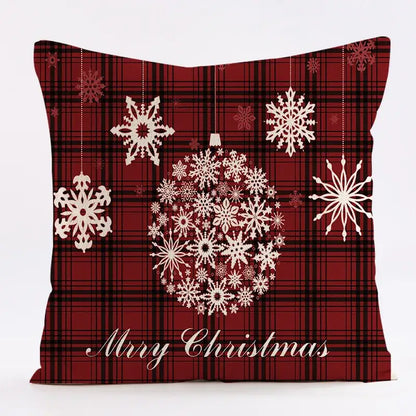 Red plaid cushion cover with white snowflake ornaments and merry christmas text decorbites christmas linen 45x45cm
