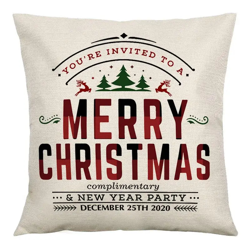 Beige linen cushion cover with merry christmas design in red black lettering featuring pine trees and reindeer by decorbites christmas linen