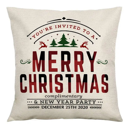 Beige linen cushion cover with merry christmas design in red black lettering featuring pine trees and reindeer by decorbites christmas linen