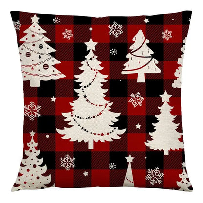 Red and black plaid cushion cover with white christmas tree and snowflake patterns by decorbites christmas linen