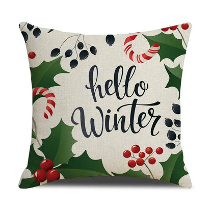 Beige decorbites christmas linen cushion cover featuring hello winter design with holly leaves and candy canes for festive decor