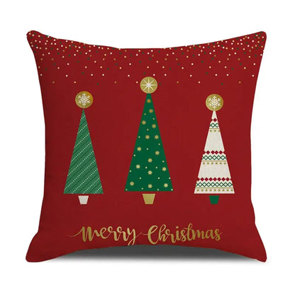 Decorbites christmas linen cushion cover in red featuring three stylized trees and merry christmas script for festive decor