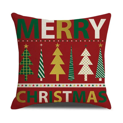Red decorbites christmas linen cushion cover with merry christmas lettering and patterned christmas trees for festive decor