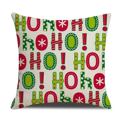 DecorBites christmas linen cushion cover with ho ho ho pattern in red green white on beige linen for festive home decor