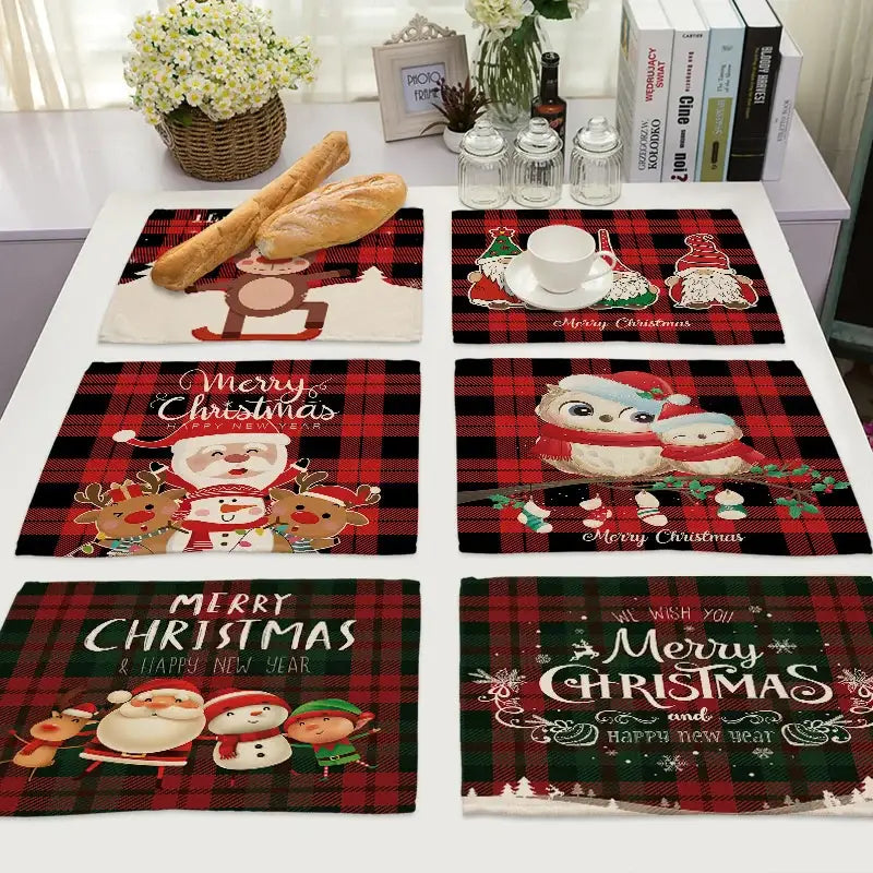 Set of six decorbites™ festive red and black plaid linen dining table mats with santa and holiday characters print
