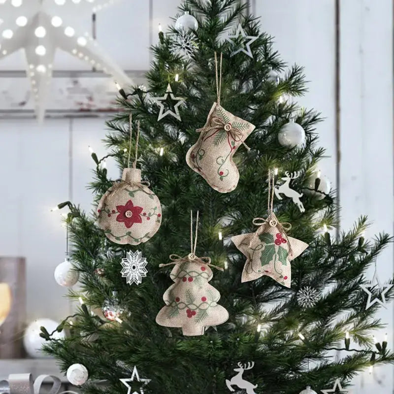 Beige linen christmas ornaments including a printed pentagram sock with embroidered red flowers for tree decoration