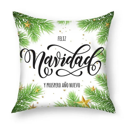 White throw pillow with festive green pine branches gold stars and black cursive text decorbites christmas nordic sofa pillowcase