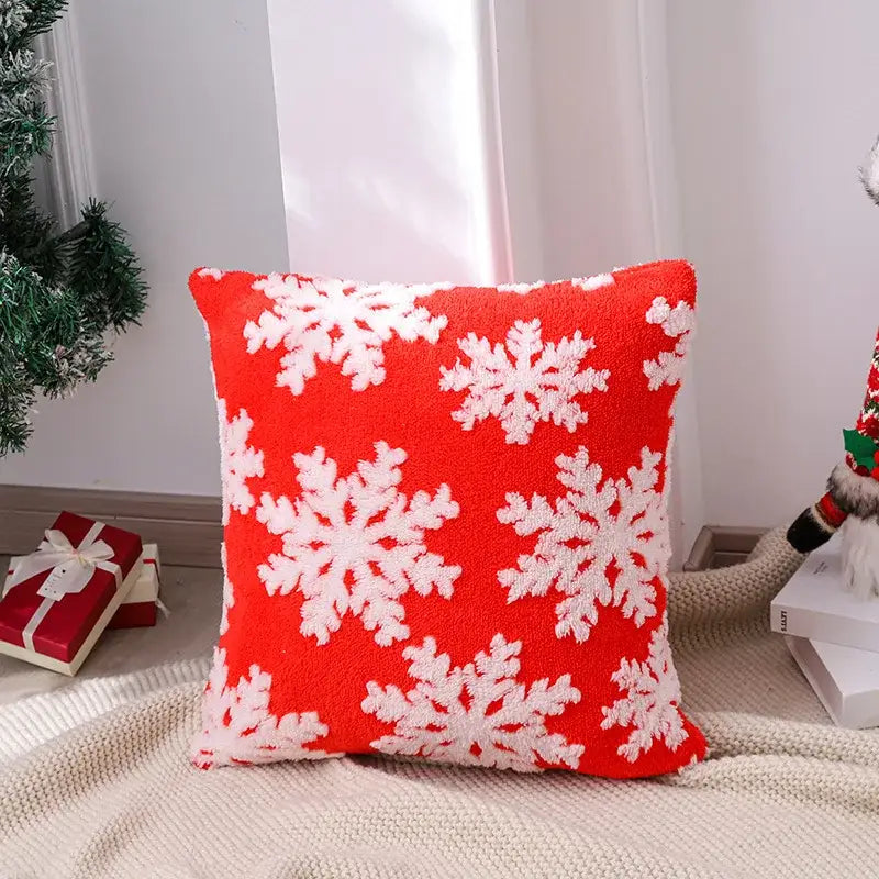 Red plush pillow cover with white embroidered snowflake design decorbites christmas patchwork 45x45 home decor