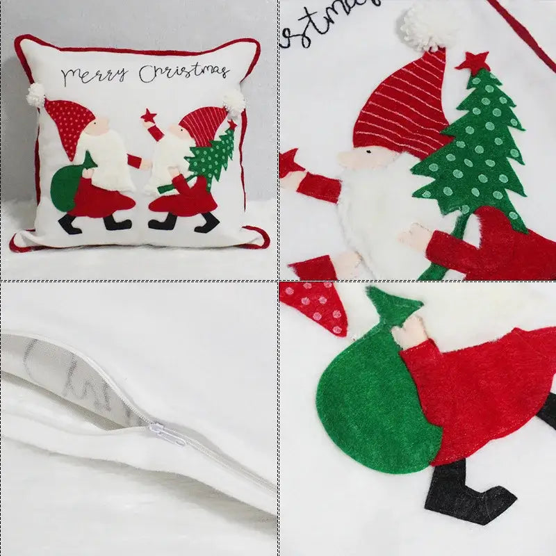 White christmas-themed pillow cover with red green felt santa figures embroidered merry christmas text decorbites christmas patchwork