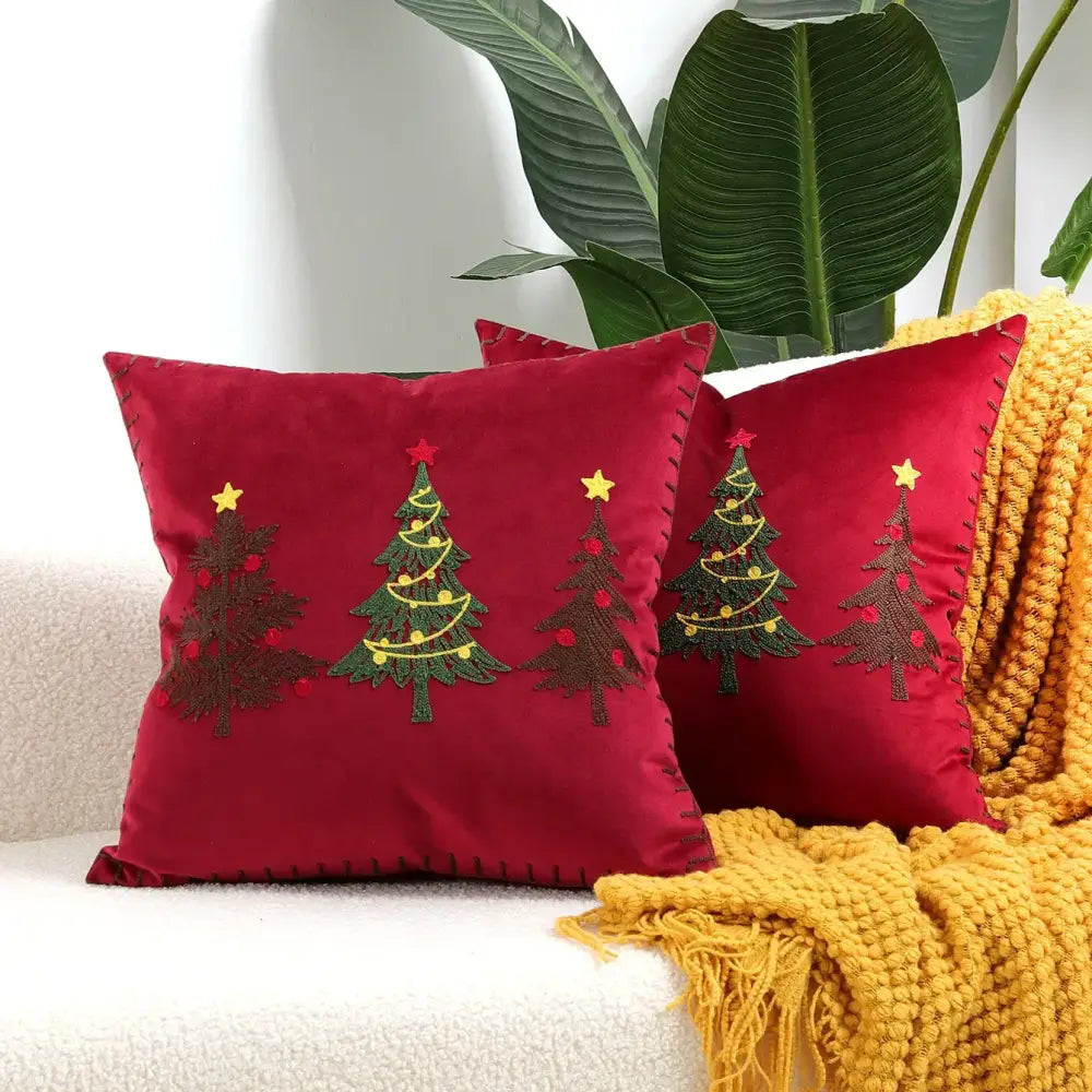 Red velvet cushion cover with embroidered green trees yellow stars and red ornaments decorbites christmas patchwork merrychristmas