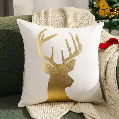 White velvet cushion cover with gold foil deer silhouette and gradient detailing decorbites christmas patchwork merrychristmas