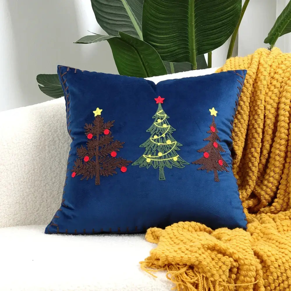 Deep blue velvet cushion cover with embroidered christmas trees by DecorBites christmas patchwork merrychristmas collection