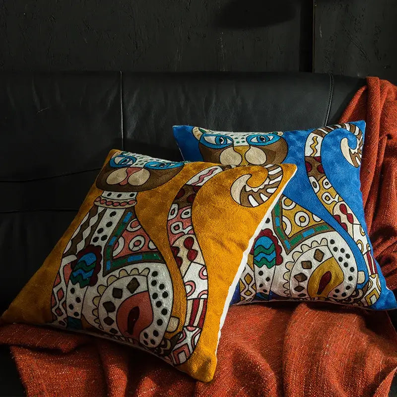 Decorbites christmas picasso style cushion cover with vibrant orange and blue embroidered owl designs for sofa and bed