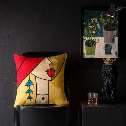 Vibrant decorbites christmas picasso cushion cover with embroidered stylized woman red hair yellow background geometric patterns
