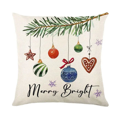 Beige linen decorbites christmas pillowcase featuring festive ornaments and pine branches with merry bright script
