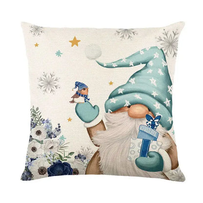 Beige decorbites christmas pillowcase featuring a whimsical gnome with teal hat and mittens for festive sofa decor