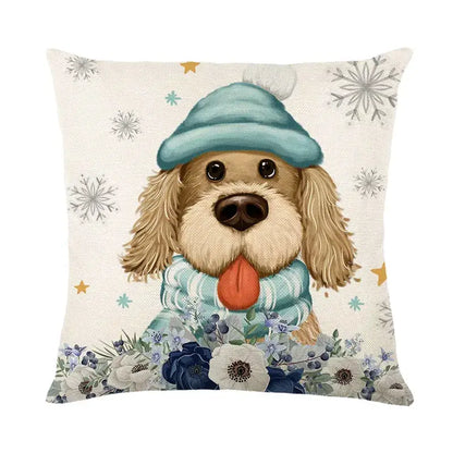 Cute beige dog pillow with blue knit hat and scarf in decorbites christmas pillowcase collection with festive patterns