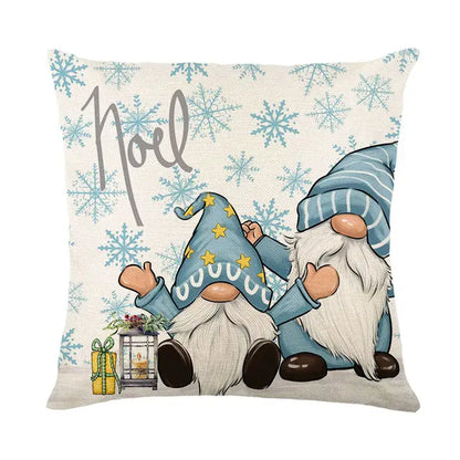 Beige decorbites christmas pillowcase featuring two blue gnome illustrations and the word noel with snowflakes