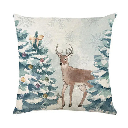 A cozy beige decorbites christmas pillowcase featuring a brown deer beside festive snow-covered evergreen trees