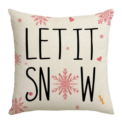 Beige linen decorbites christmas pillowcase with let it snow in black and pink accents from christmas pillowcase collection