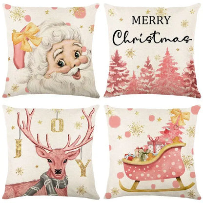 Set of four festive decorbites christmas pillowcases featuring santa, snowy trees, reindeer joy, and gift-filled sleigh designs