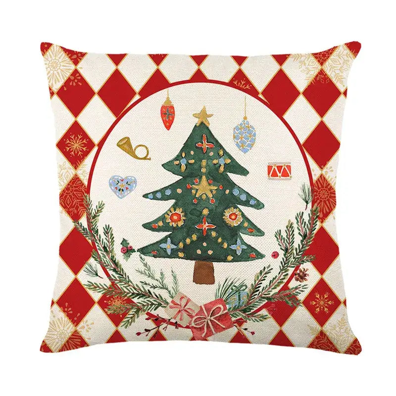 Red and white diamond patterned decorbites christmas pillowcase featuring a green tree with gold ornaments in festive wreath
